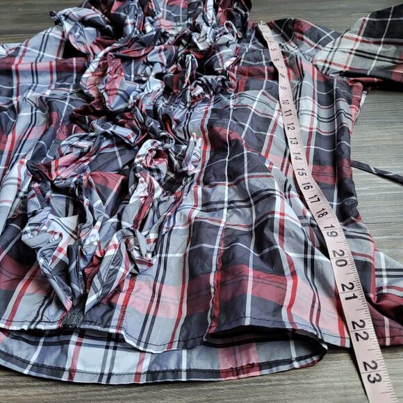 Boston Proper Womens Taffeta Tartan Ruffle Full Zip Blouse 12 Plaid Multi Corset - Picture 8 of 9